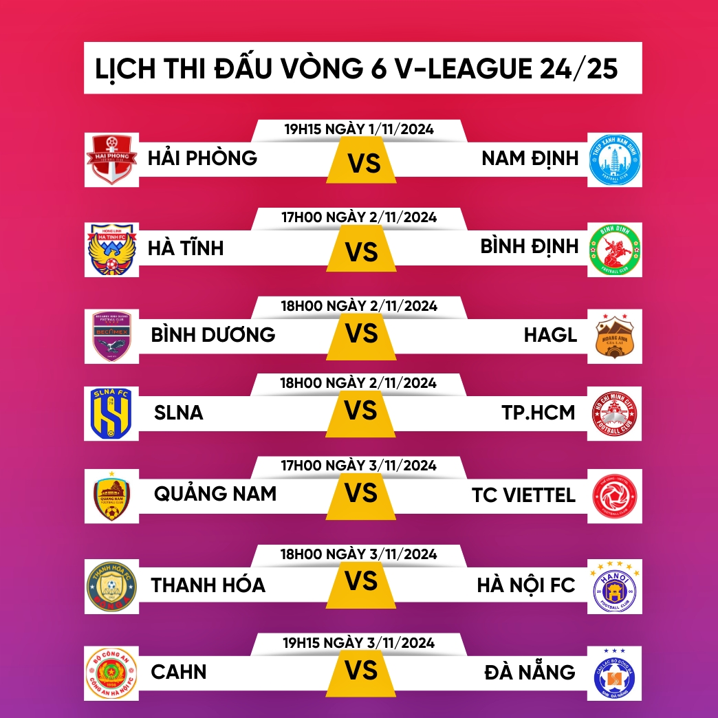 Lịch thi đấu và trực tiếp vòng 6 V-League 24/25: HAGL và Hà Nội FC gặp khó